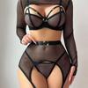 Black Mesh Halter Fishing Net Lingerie Set With Long Sleeves and Metal Ring Accents