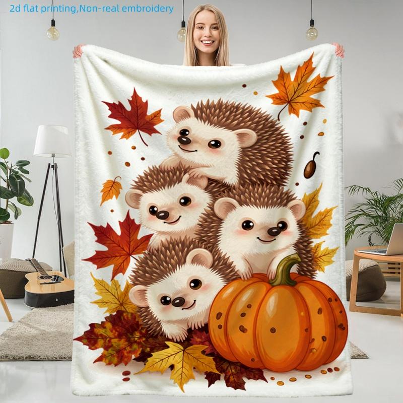 1pc Cute Hedgehog And Maple Leaf Print Blanket, Autumn Theme, Multi-Size Available, Suitable for Living Room, Bedroom, Study, Office, Balcony