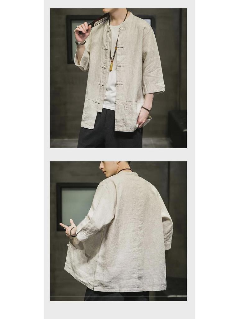 Men's Tang Suit Linen Shirt Jacket - Summer 5-Point Sleeve Button-Up
