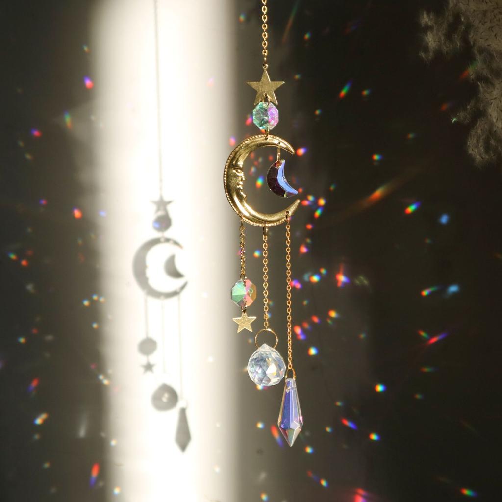 Moon Crystal Suncatchers Hanging Wind Chime Style Garden Suncatcher Rainbow Maker Handmade Gold Sun Catcher Pendant Home Decor