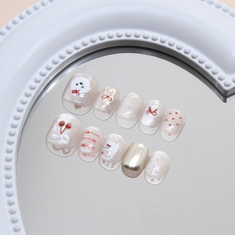 Fine flash cat eye three-dimensional cute bow tie cat polka dot cherry bow girl ins wind fake nails children wear