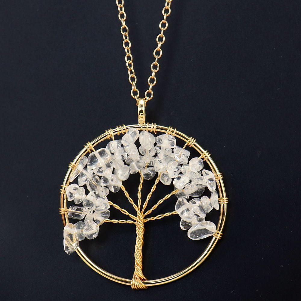 Color Retaining Gold Hand Winding Natural Crystal Gravel Tree Of Life Necklace N104