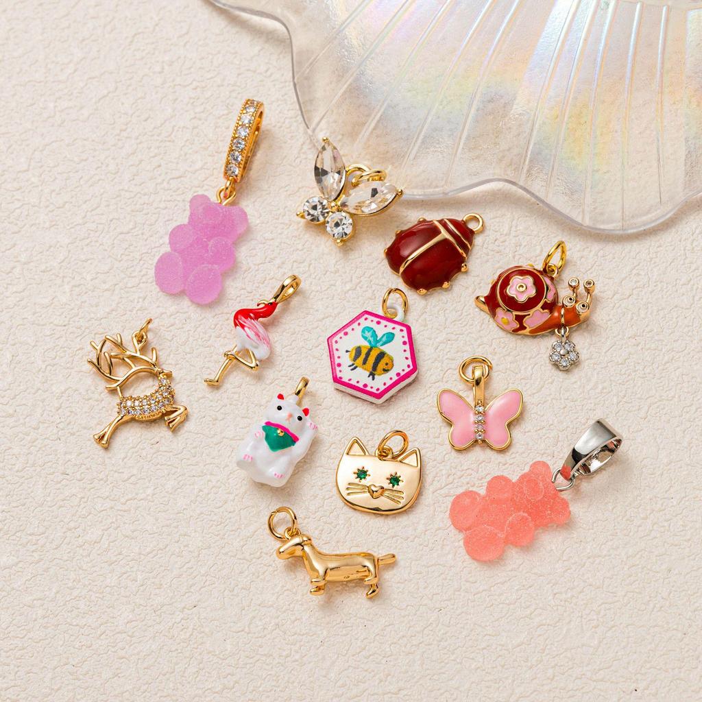 18K Gold Mini Pendant: Simple Cute Cat Bear Copper Ornament in Colored Series Style