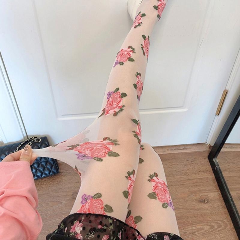 Women Vintage Rose Patterned Thin Tights Japanese JK High Waist Footed Pantyhose Silky Stockings Sheer Fashion Hosiery