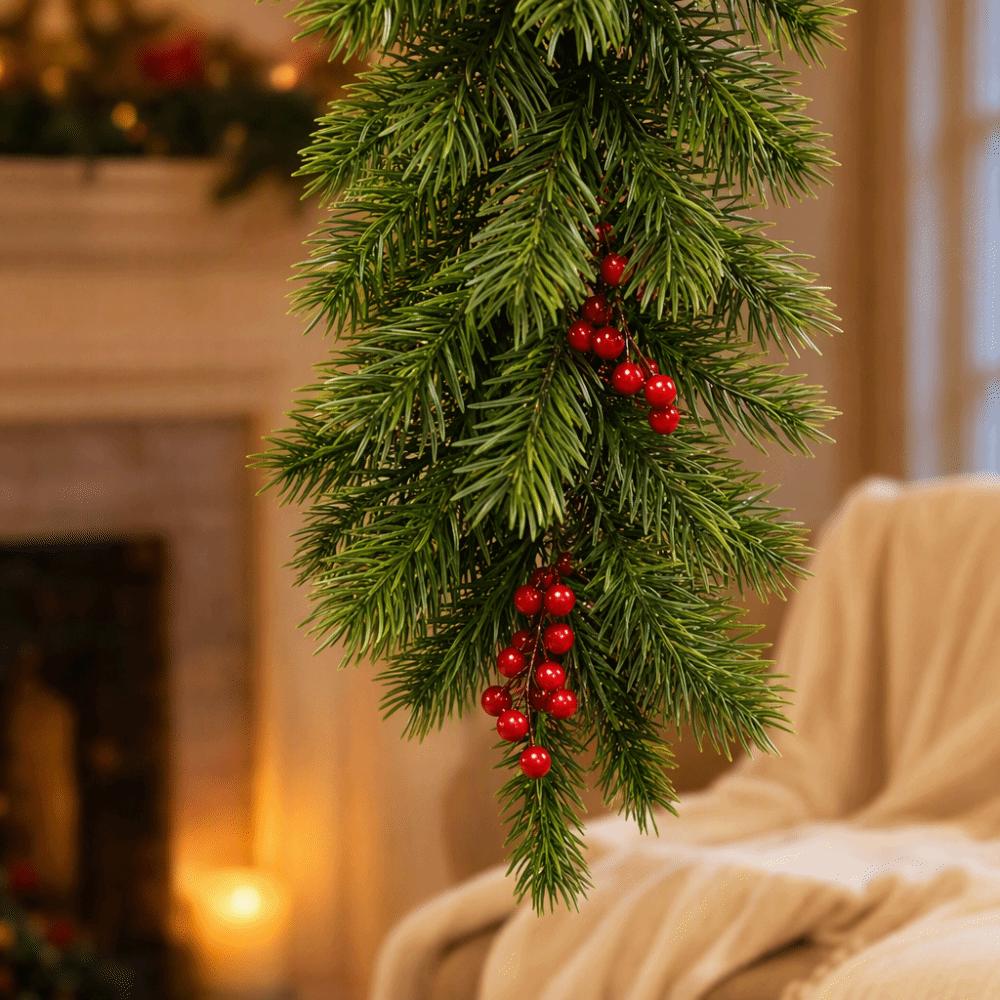 1 pc Plastic Artificial Pine Hanging Spray Realistic Red Berries Teardrop Swag  Front Door