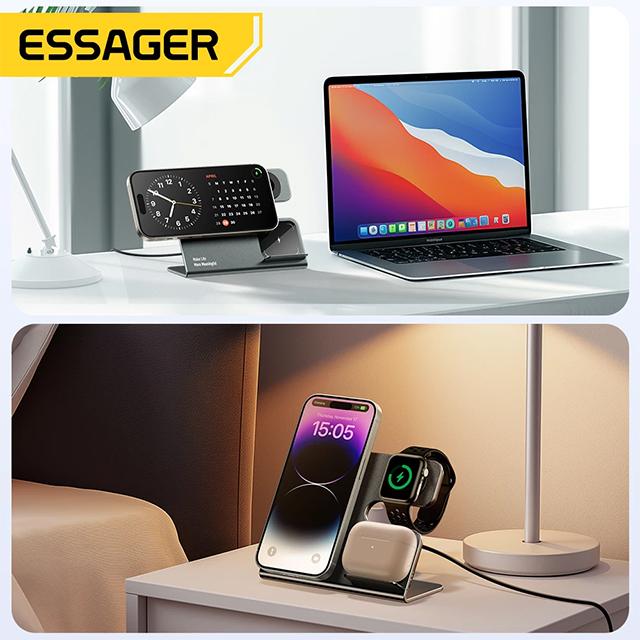 Essager Încărcător magnetic de birou fără fir 3 în 1 PD15W Stație de încărcare rapidă pentru iPhone 15 14 13 12 Pro Max Apple Watch Airprods
