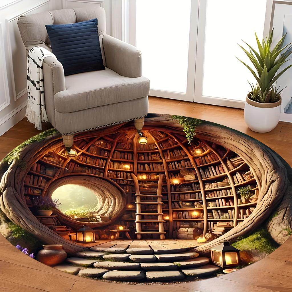 Flannel Printed Round Rug With Magical Tree Library Design For Home Decor Soft Floor Mat Fantasy Art Theme Cozy Interior