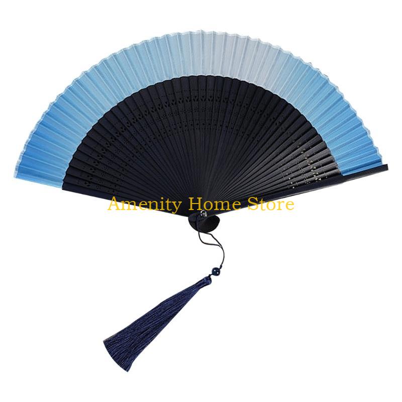 F26C Handmade Silk Bamboo Fan with Hollowed out Fan Bone for Home Household Decoration Accessory Supplies