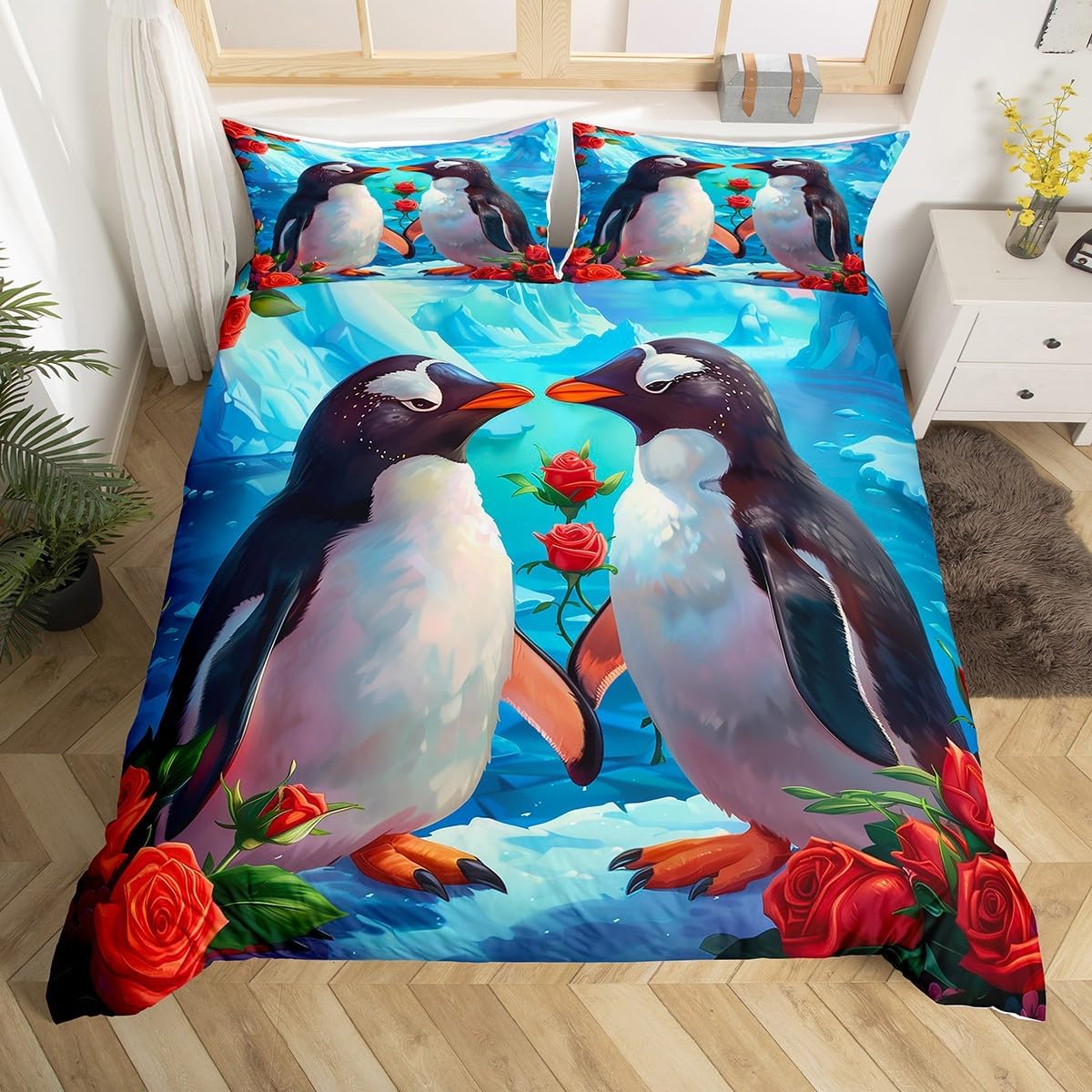

Мультяшная семья пингвинов Пододеяльник Full Queen Акварельная Аврора Неоновый Комплект постельного белья Милая Дикая природа Горный Принт Покрывало EU Single(135x200cm)