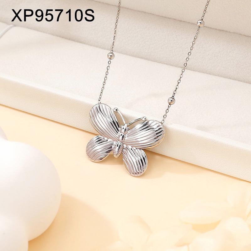 Gold and Silver-Plated Titanium Butterfly Pendant Necklace and Earring Set - Light Luxury Women's Jewelry Clavicle Chain