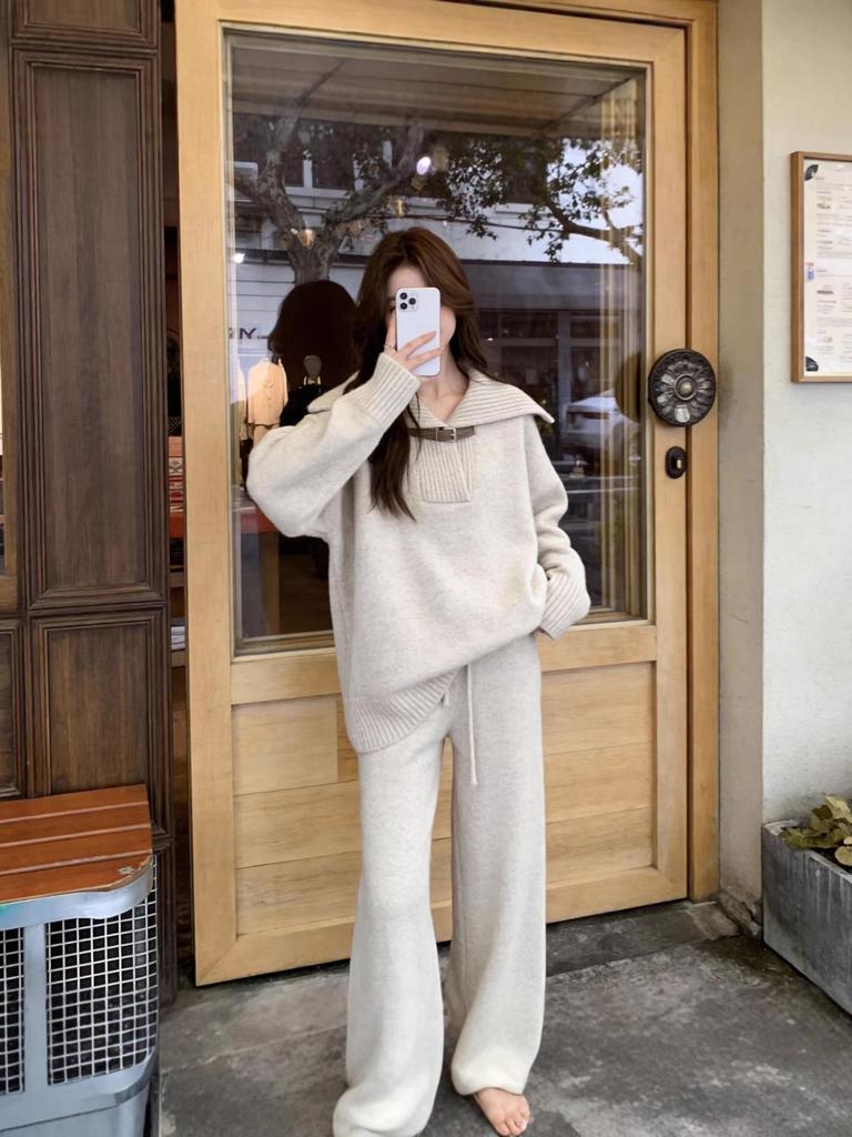 Korean Style Women's Winter Knit Two-Piece Set: Age-Reducing Elegant Sweater & Loose Wide-Leg Pants