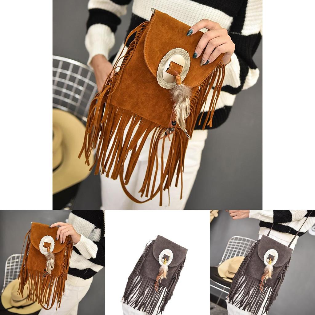 Bohemian Feather Tassel Shoulder Bag With Polyester Lining For Casual Outings