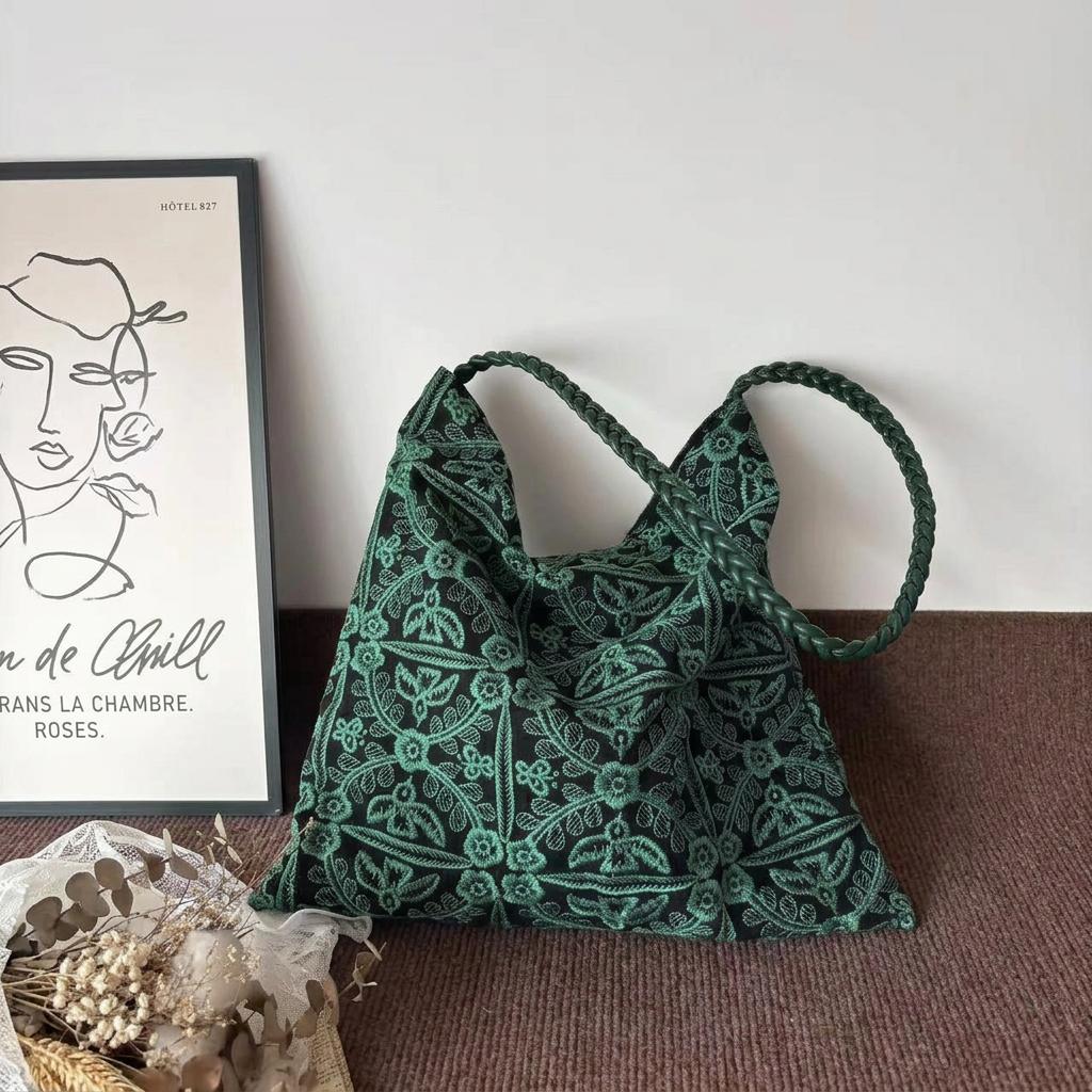 Green Embroidered Shoulder Bag Large Capacity Floral Pattern Casual Tote Bag for Women Daily Shopping Travel Commute Soft Fabric