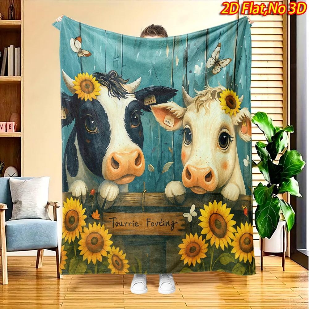 1pc 2D Flat Printing Spring And Summer New Arrival Cute Cow Sunflower Butterfly Theme Digital Print Blanket, All-Season Use, Casual Throw, 100% Polyes
