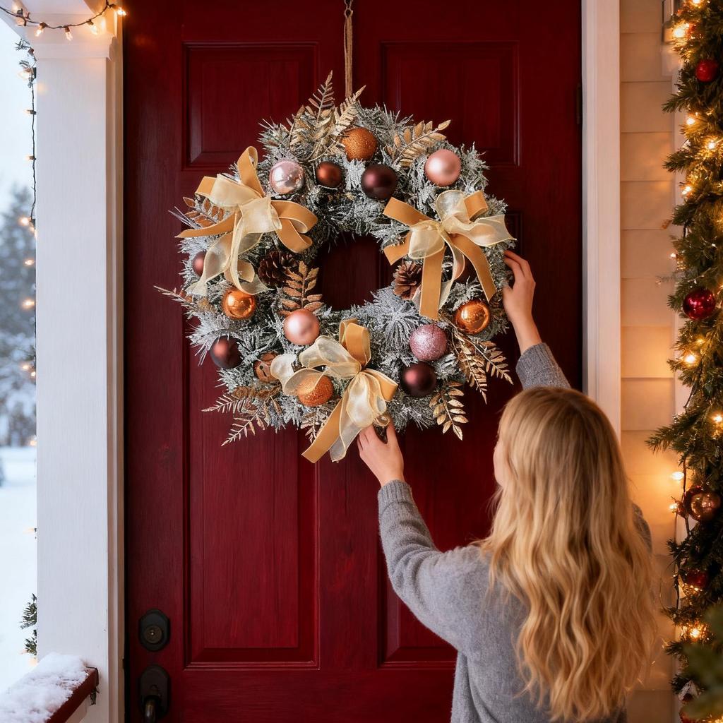 Christmas Wreath Outdoor With Pine Cone Balls Bow Winter Holiday Decor Artificial Christmas Wreath For Entrance Porch Outdoor