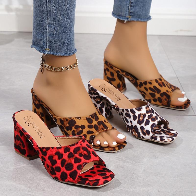 Women's Leopard Print High Heel Slippers with Square Toe and One Strap Design