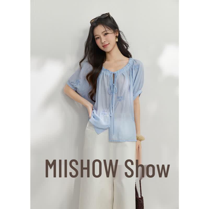 Mishow Women s Loose Embroidered Tie-Waist Blouse S
