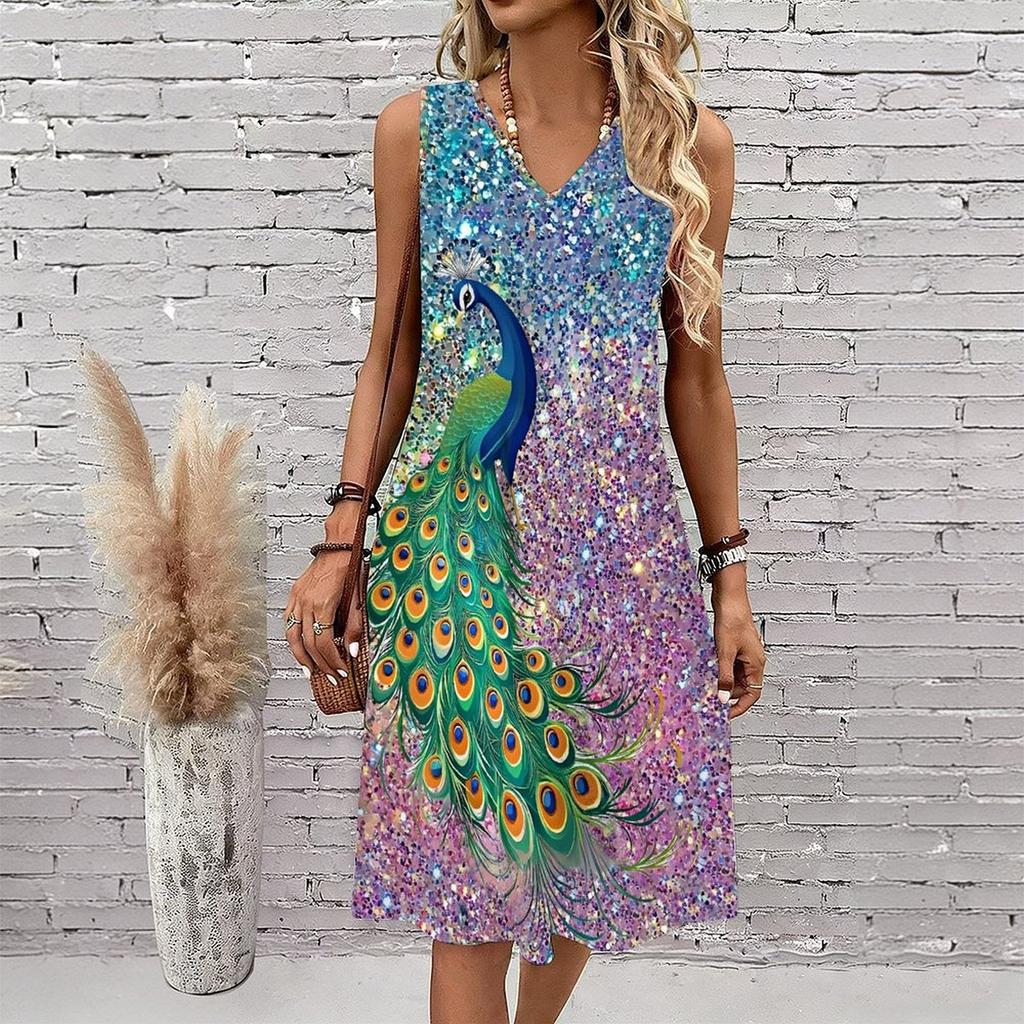 Plus Size V Neck Sleeveless Dress Misty Peaks Running Stream Art Print For Mountain Sightseeing Trip