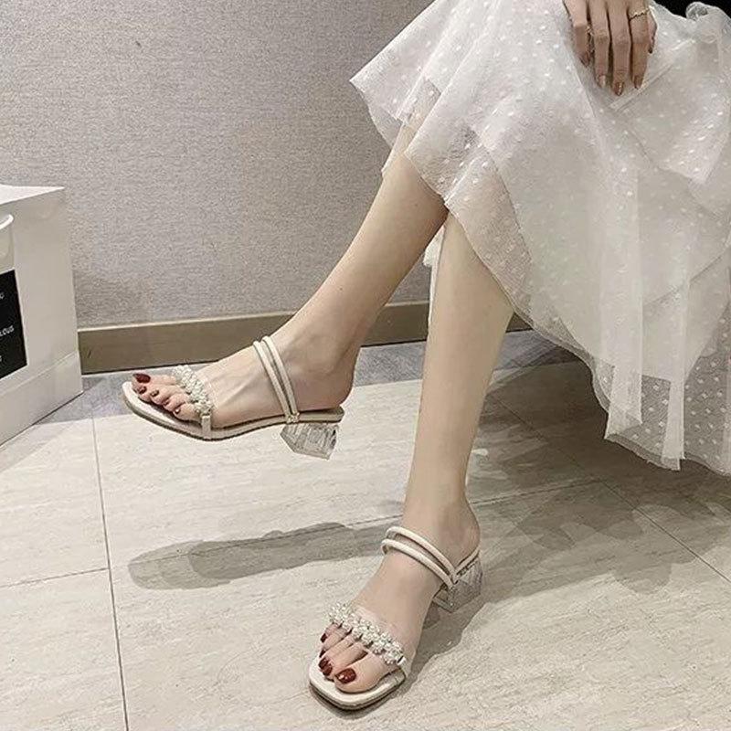 Rhinestone transparent thick-heeled slippers women's summer wear 2025 new fashion fairy temperament French sandals one-word sandals