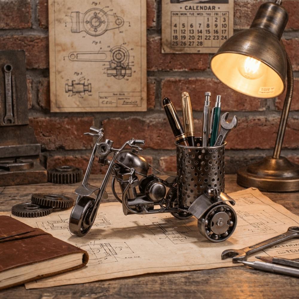 Solid Iron Material Motorcycle Shaped Pen Holder Vintage Desk Organizer Home Study