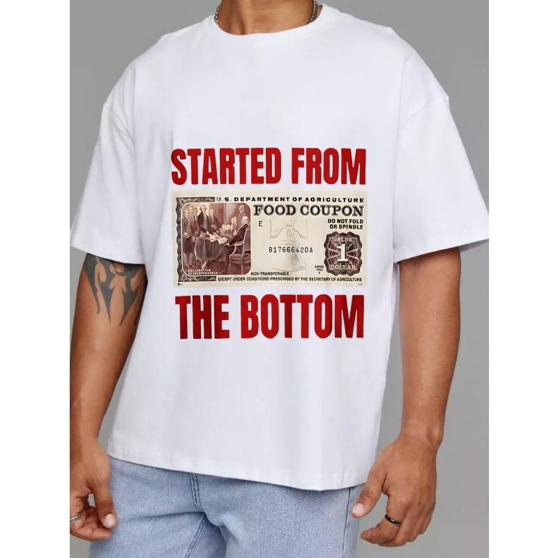 White T Shirt with Food Coupon Graphic and Started From The Bottom Text for Casual Wear