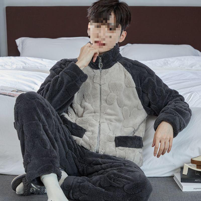 Herren Winter Korallenfleece Schlafanzug Set - Dick, Plüschgefüttert Flanell mit Reißverschluss, Stilvoll und Gemütlich für Herbst und Winter