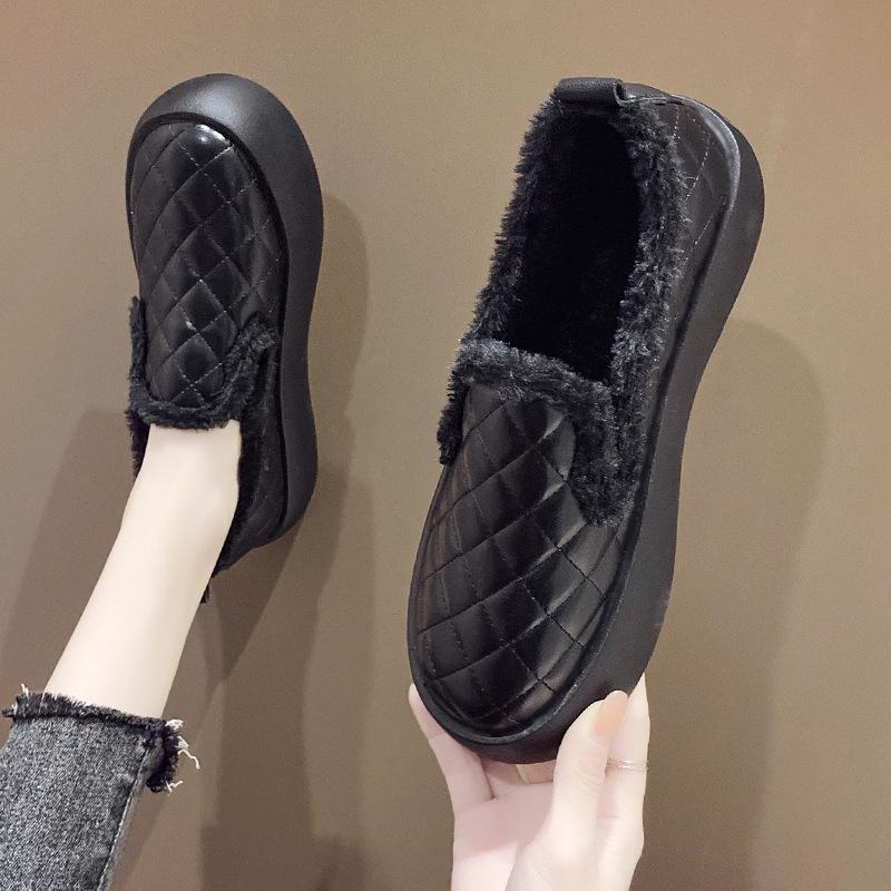 Quilted Short Plush Platform Loafers Warm Winter Shoes Thick Sole Casual Women's Shoes Autumn Comfortable Slip-On Flats Size 35