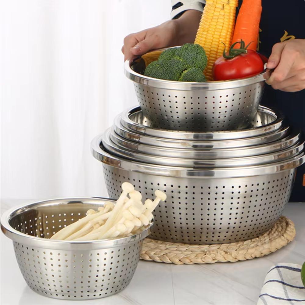 Multiple Drainage Holes Stainless Steel Drain Basket Widened Edge Drain Basin  Fruits