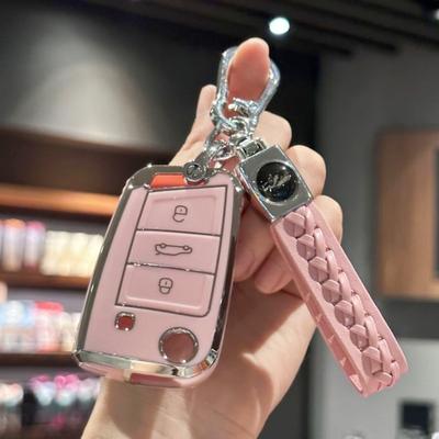Capa de chaveiro feminina com chaveiro para VW Volkswagen Golf 7 MK7 Tiguan MK2 para SEAT Ateca Leon FR 2 Ibiza para Skoda Octavia, rosa
