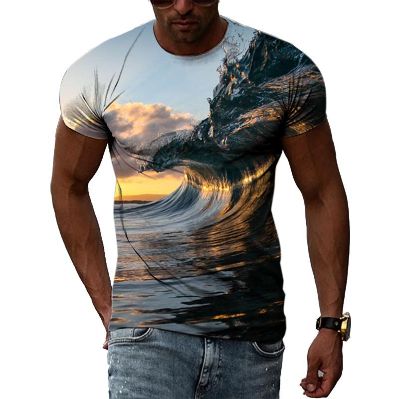 Ocean Wave Pattern T-Shirts Summer Fashion Beach Short Sleeve 3d Printed Top Loose Casual Round neck Holidaywear Mens Tees