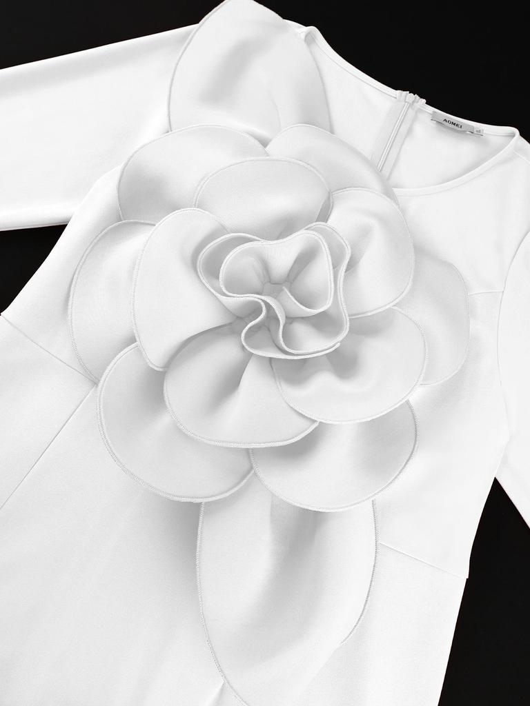 Plus Size Women's White 3D Floral Long Sleeve Mermaid Evening Dress