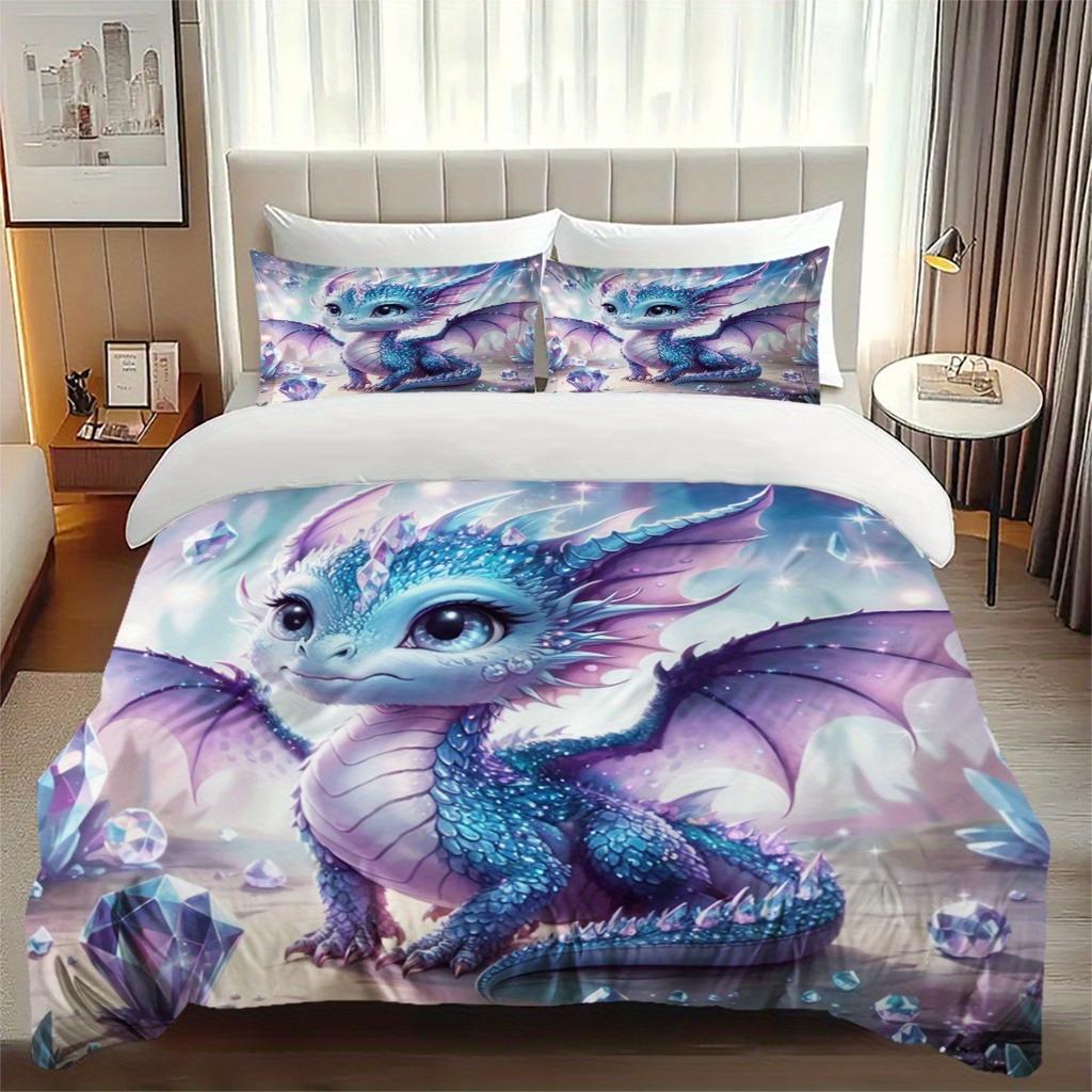 Magical White Haired Queen & Dragon Bedding Set, 3D Printed Mythical Guardian Duvet Cover With Pillowcases For Home Decor