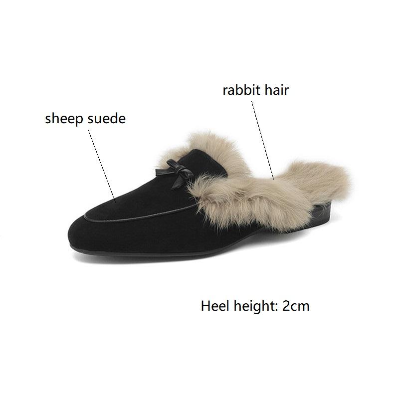 Fashion 2025 Winter Sheep Suede Women Shoes Rabbit Hair Mules Shoes for Women Round Toe Slippers Chunky Heel Cover Toe Slippers Shoes