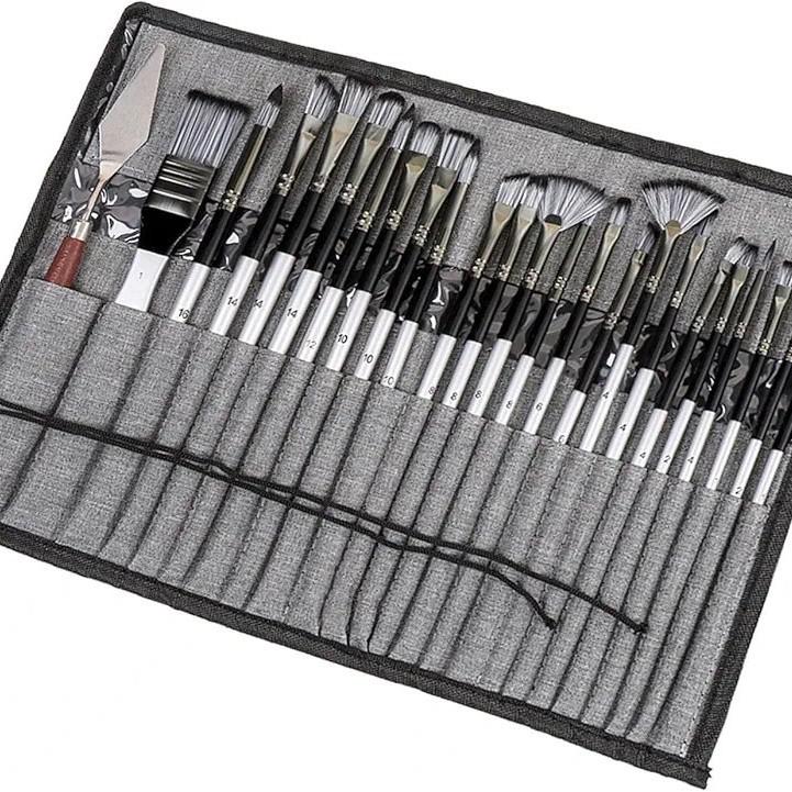 25-Piece Nylon Hair Paintbrush Set with Silver-Gray Handles for Oil, Gouache, and Watercolor Painting