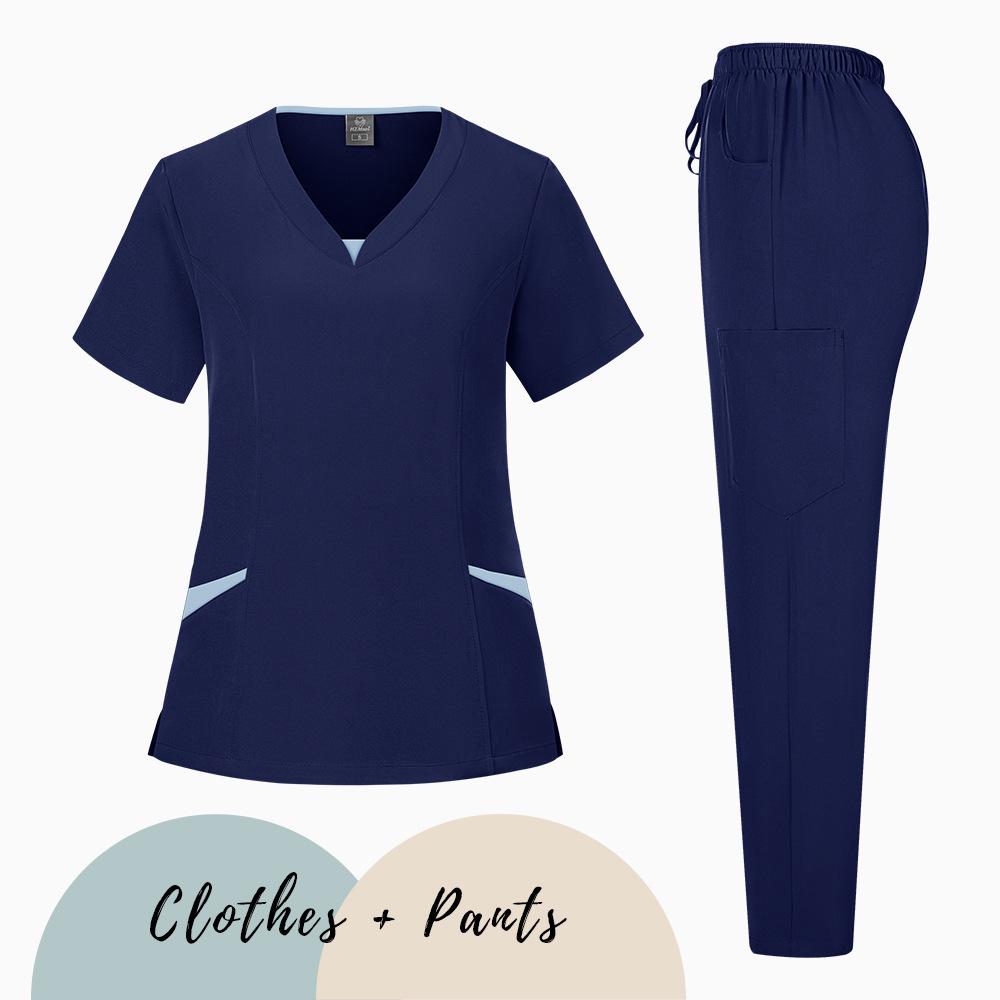 Elastic V-Neck Short Sleeve Scrub Suit for Dental Clinic, Salon, or Nurse Uniform