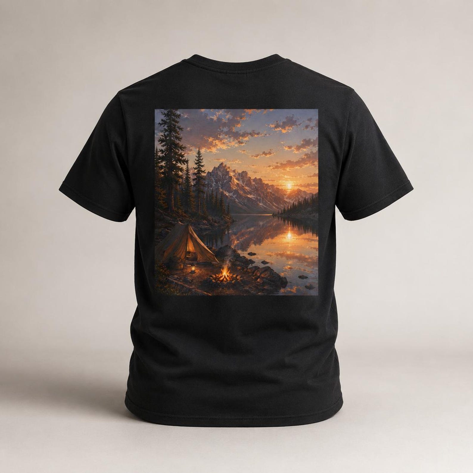 Backcountry Lake Camp Shirt | Mountain Sunset Camping Tee | Great Outdoors Series | Wilderness Nature Graphic T-Shirt S