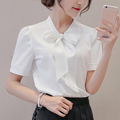 Summer Women Pink White Chiffon Blouse Fashion Korean Style Bow Tie Collar Ladies Shirt Office Casual Short Sleeve Base Top