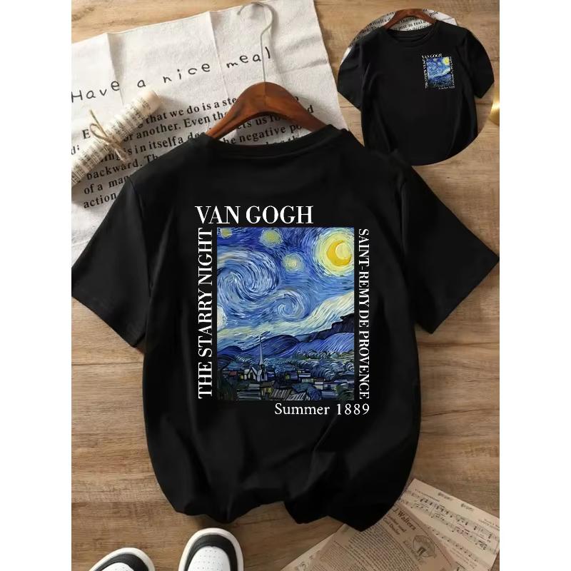 Unisex Van Gogh Starry Night Print TShirt Black Artistic Style ShortSleeve Crew Neck Top Artistic Four Seasons Fashion TShirt S
