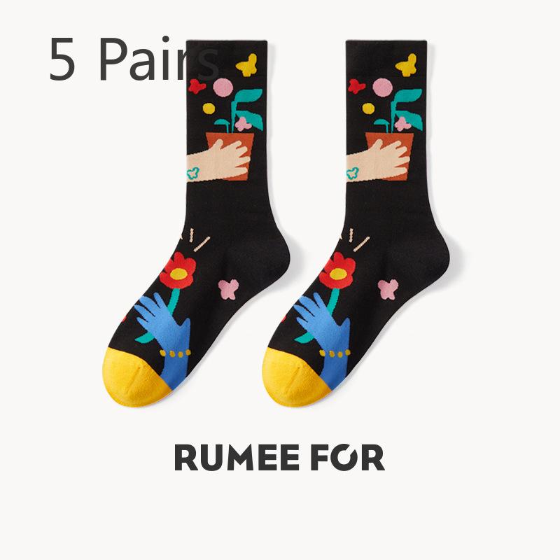 5 Pairs of Female Spring and Autumn Fashion New Sweat Absorbing Dopamine Tube Cotton Socks