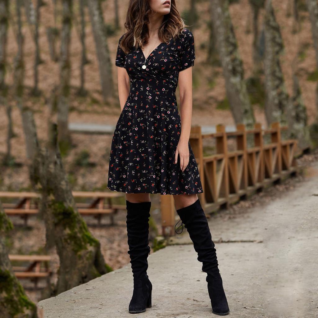 JPVDPA Women V Neck Manches Short Sleeve Dress Robe Retro Elegant Party Club Casual Dress Solid Flowy Dress JPVDPA Women V Neck Manches Short Sleeve Dress Robe Retro Elegant Party Club Casual Dress Solid Flowy Dress