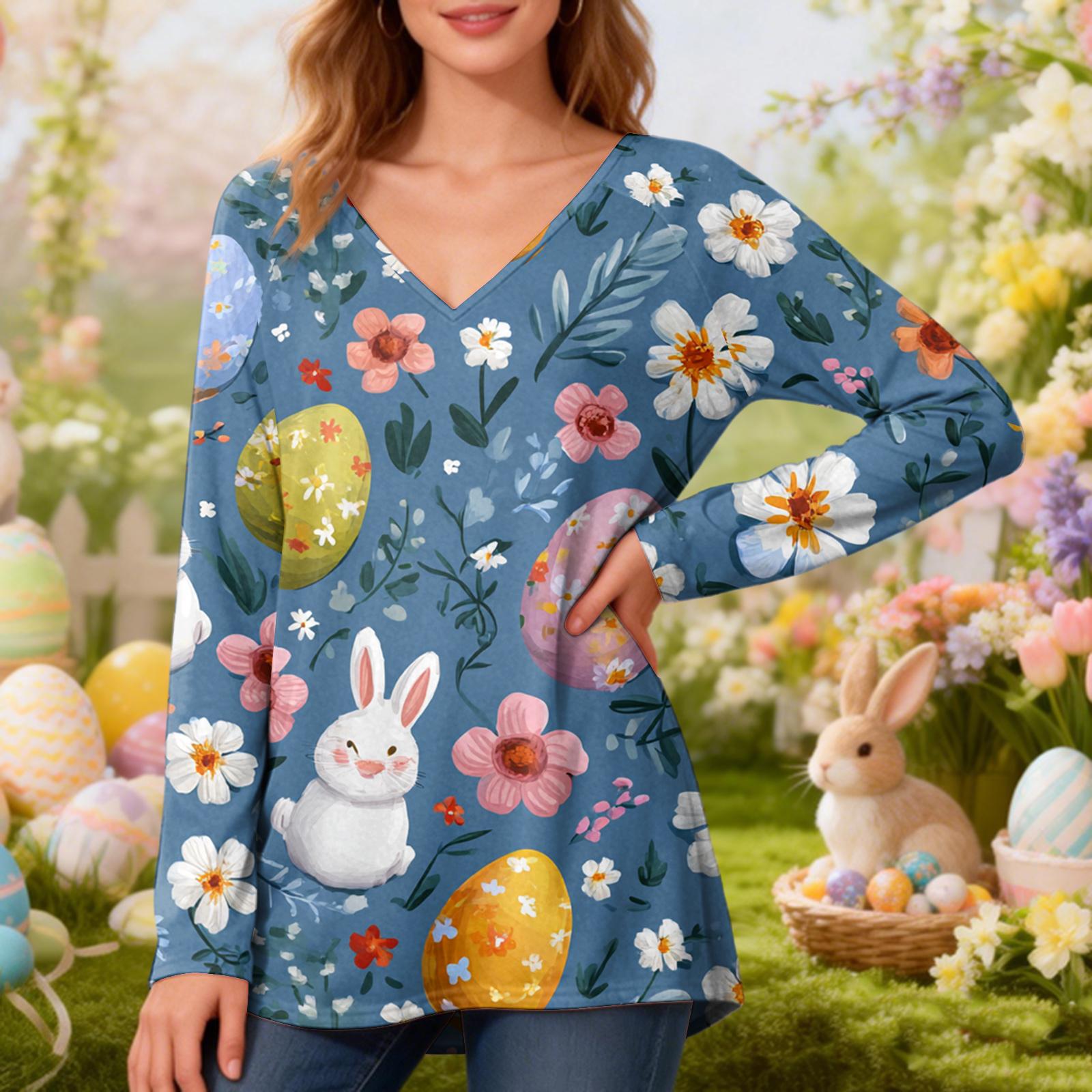 Women s Fashionable Casual Long-Sleeved Easter Print V-Neck Mid-Length Top L