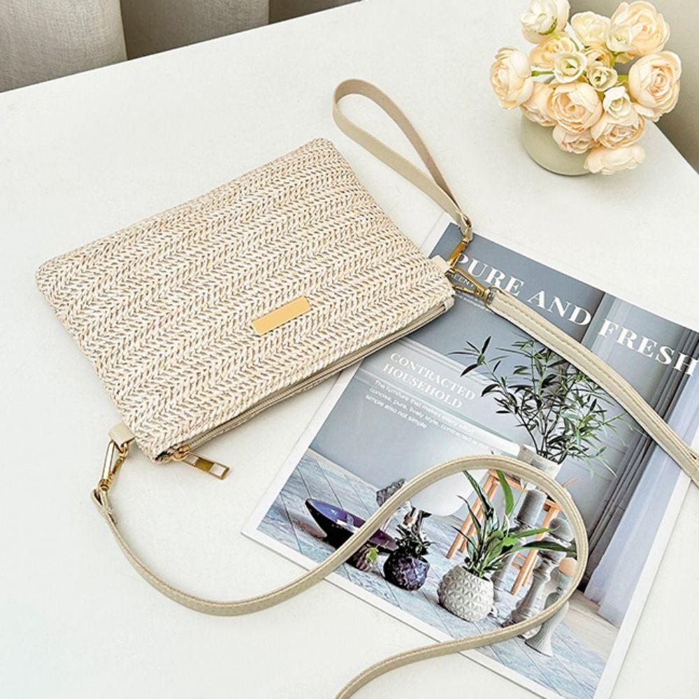 Fashion Hand-woven Straw Crossbody Bag Casual Large Capacity Beach Clutch Simple with Shoulder Strap Mobile Phone Bag Summer