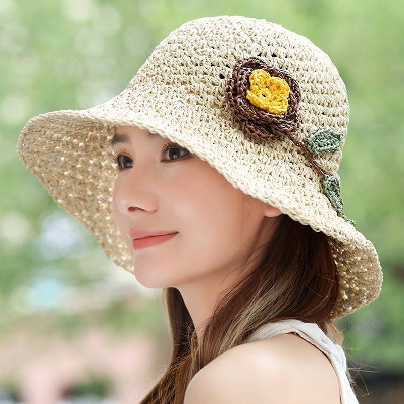 

1pc Women s Summer Straw Hat for Women Hand-woven Flower Patterns Fresh Holiday Seaside Beach Hat for Outdoor Hiking Travel One Size бежевий