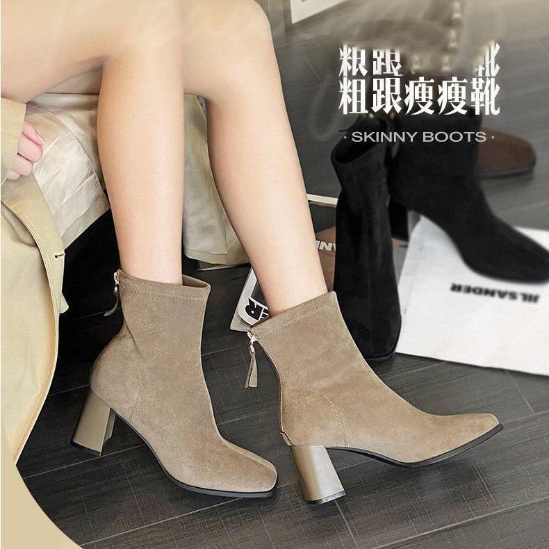 Fashion Single Small Ankle Suede High Heel Fleece Square Head Season Martin Boots Korean Boots Skinny Boots