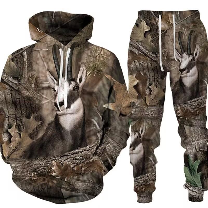 Men Camouflage 3D Print Hooded Cycling Jersey 2Pcs Tracksuit Outdoor Sports Set