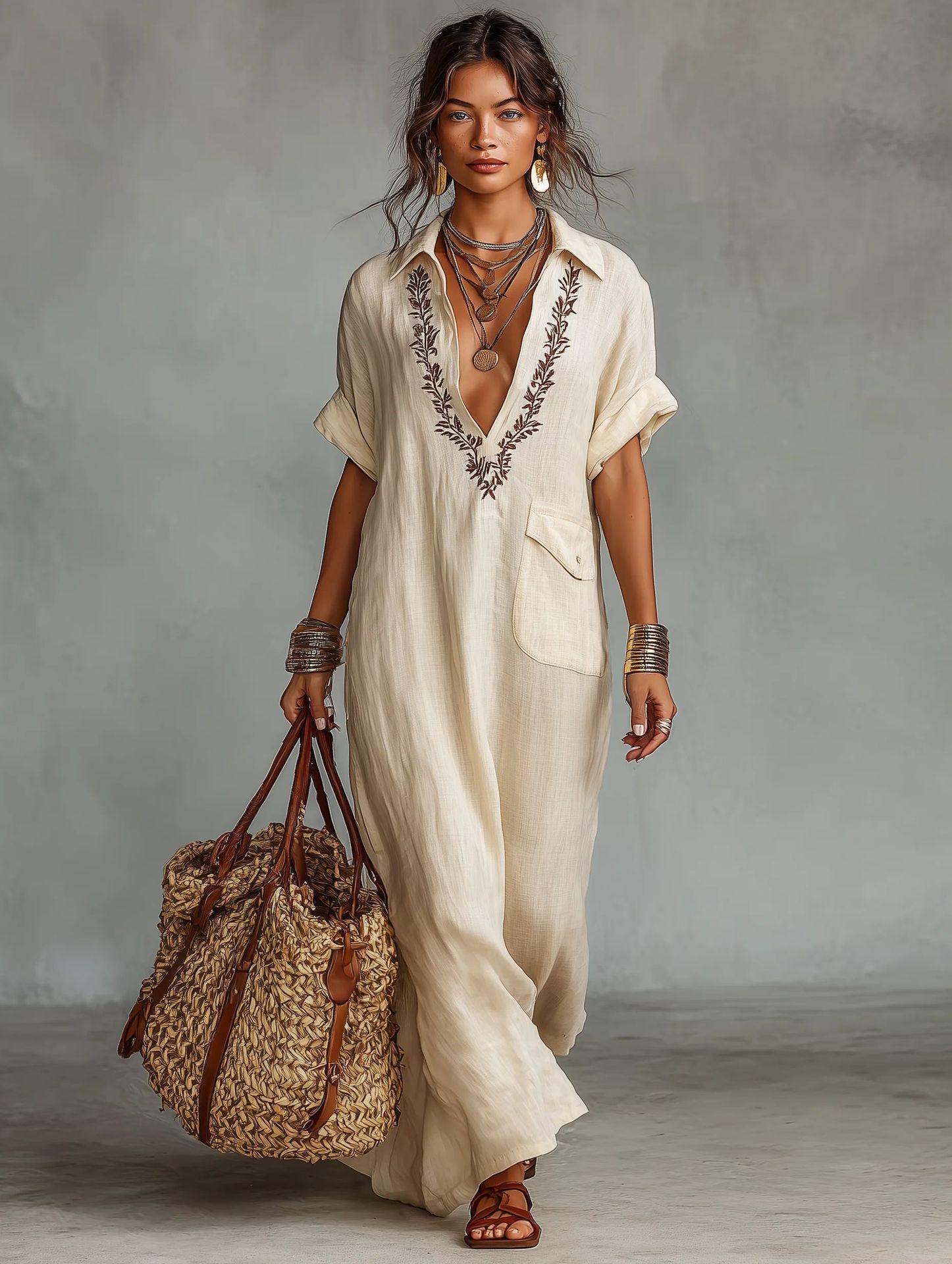 

Women s Bohemian V Neck Striped Embroidery Maxi Dress Short Sleeve Loose Fit Long Dress with Pocket S абрикосовый