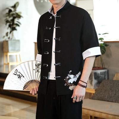 Summer Crane Embroidery Top Traditional Shirts Men Traditional Linen Daily Tang Suit Cardigan Men Chinese Style Retro Kung Fu Blouses Men