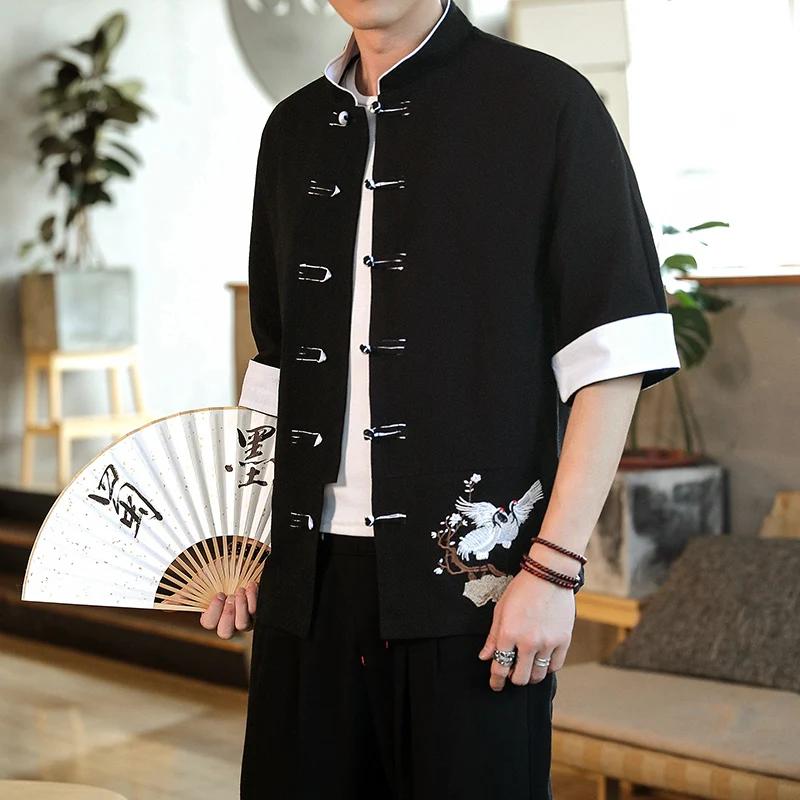 Top cu broderie cu macara de vară Cămăși tradiționale bărbați lenjerie tradițională costum Tang casual cardigan bărbați stil chinezesc retro kung fu bluze bărbați