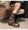 Women's New Autumn Pleated Pile Boots Fashionable Retro Western Cowboy Boots Round Toe Thick Heel Belt Buckle Knight Boots
