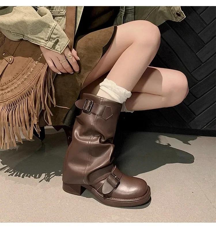 Women's New Autumn Pleated Pile Boots Fashionable Retro Western Cowboy Boots Round Toe Thick Heel Belt Buckle Knight Boots